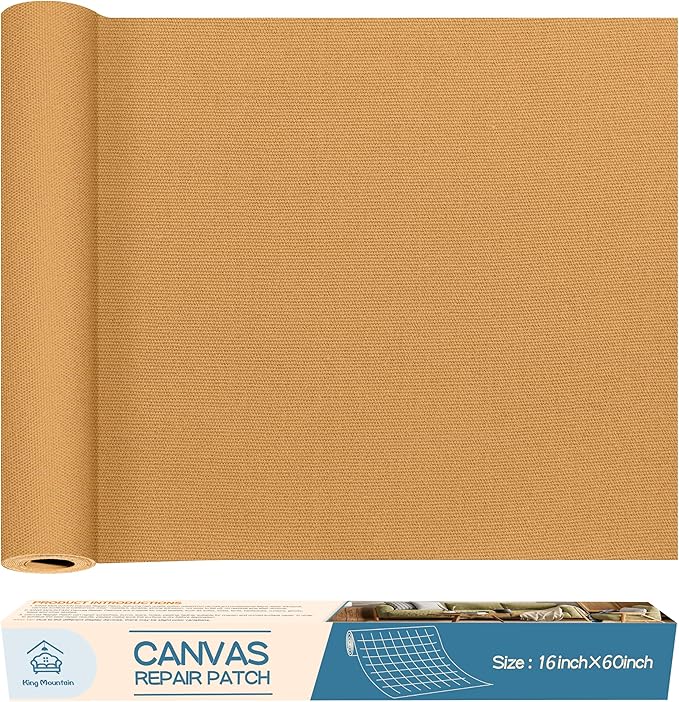 KING MOUNTAIN Canvas Repair Patch 16×60 Inch Self-Adhesive Waterproof Fabric Patch for Sofas, Tents, Furniture,Tote Bags, Car Seats (Light Brown)