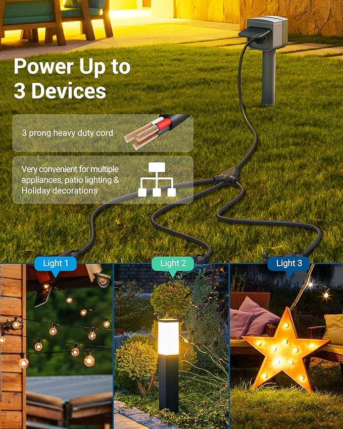 DEWENWILS Outdoor Extension Cord 1 to 3 Splitter, Total 12FT, 13A 125V 1625W 16/3C SJTW Extension Cord Outdoor, Heavy Duty Extension Cord for Holiday Decorations, Outdoor String Light, ETL