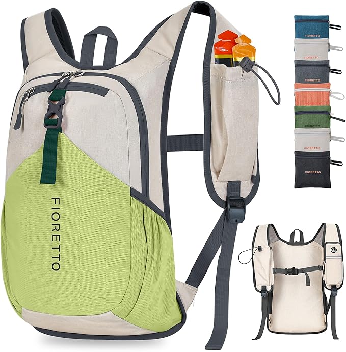 FIORETTO 15L Hiking Backpack for Women Men Mini Packable Backpack Lightweight Small Daypack for Camping Travel Outdoor, Beige and Green