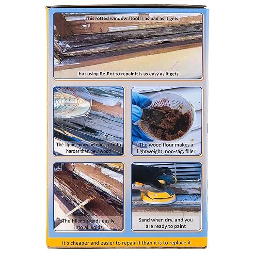 Re-Rot 48 Volume oz Kit - 24oz 2 Component Liquid / 24oz Filler - Repairs Rot Quickly & Easily, Restores Strength, Rebuilds Missing Wood - Rapid Drying - Sandable/Paintable - 3 Products in 1