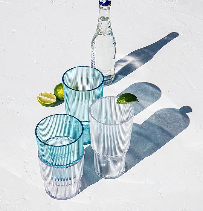 Fine Ribbed Acrylic Drinking Glass - Light Blue - 16 oz - Set of 6