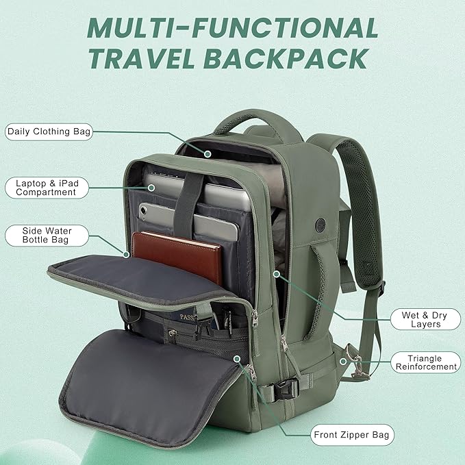 Sinaliy Personal Item Backpack, Carry on Travel Backpack with Multi-Pockets, Waterproof Casual College 16inch Laptop Backpack for Men Women, Army Green
