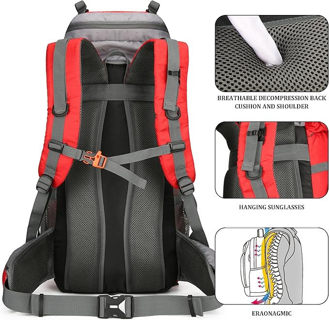 75L Hiking Backpack with Rain Cover Waterproof Camping Backpack Shoes Warehouse for Men Women, Frameless