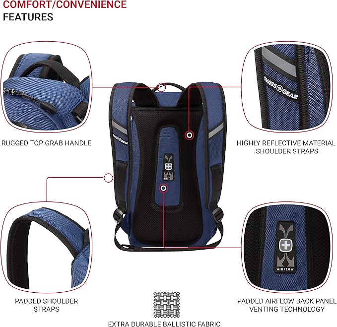 SwissGear 3598 Backpack, Narrow Daypack, Ideal for Commuting and School, Navy Ballistic