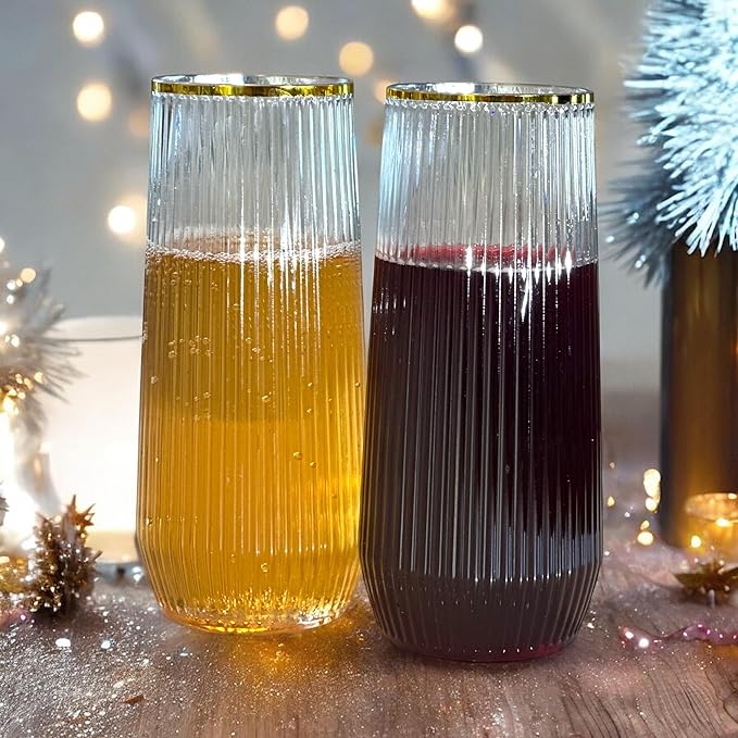 Oojami 48 Pack Ribbed Origami Ripple Plastic Glasses, 24 9 Ounce Stemless Champagne Flutes & 24 12 Ounce Cups, BPA-Free Disposable Shatterproof Toasting Glasses for Weddings Bars Events (Gold Rim)