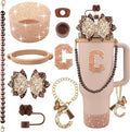 9PCS Brown for Stanley Cup Accessories Set Bling Initials Bow Charms for Stanley Decorations 30/40 Oz Tumbler Accessories Including Bow Straw Topper, Handle Strap, Spill Stopper（Letter C）