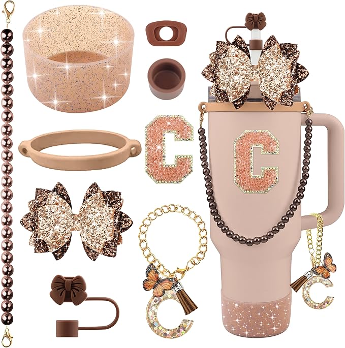 9PCS Brown for Stanley Cup Accessories Set Bling Initials Bow Charms for Stanley Decorations 30/40 Oz Tumbler Accessories Including Bow Straw Topper, Handle Strap, Spill Stopper（Letter C）