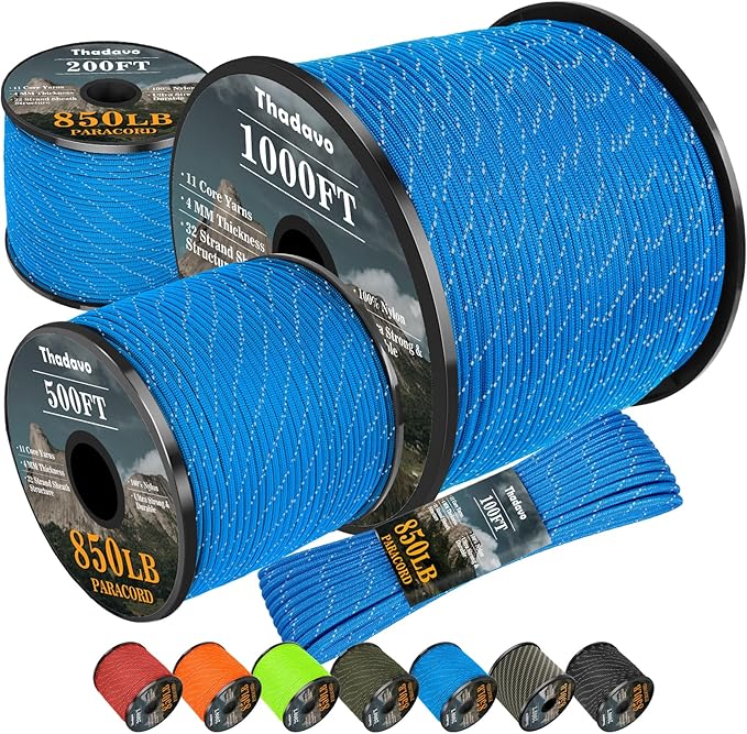 Reflective Paracord Rope 850Ib, 50/100/200/500/1000ft 4MM 11 Strand para Cords Lanyard Utility Parachute Cord for Tent Camping Hiking Survival Tactical Clothesline DIY Projects (Blue, 200FT)