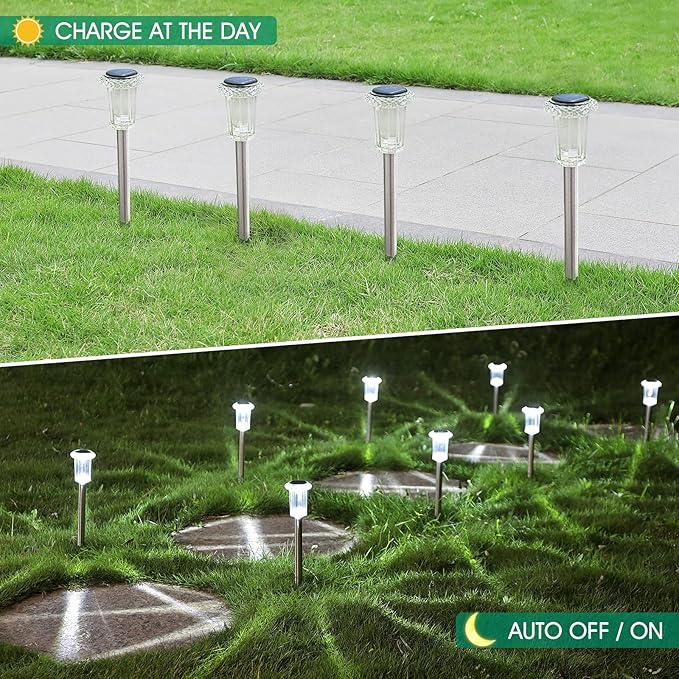 Eyrosa Solar Outdoor Lights, 10 Pack Waterproof Stainless Steel Solar Stake Lights for Pathway Garden Yard Path Walkway Driveway Lawn Patio Outside Decor, Cool White