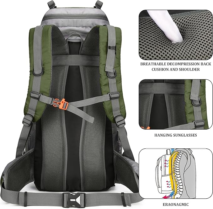 75L Hiking Backpack with Rain Cover Waterproof Camping Backpack Shoes Warehouse for Men Women, Frameless
