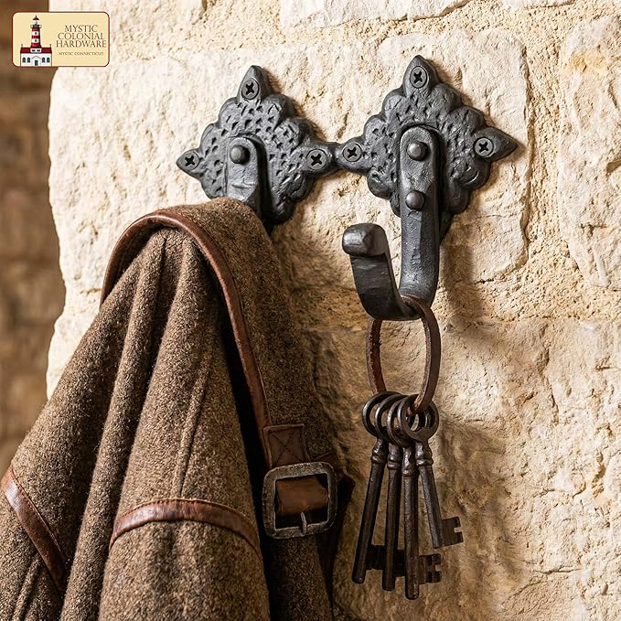 Mystic Colonial Rustic Cast Iron Wall Hooks, Heavy Duty Retro Utility Hooks for Hanging Coat, Bag, Towel, Robe, Hat & More, Pack of 2 | Joined Pieces, Black