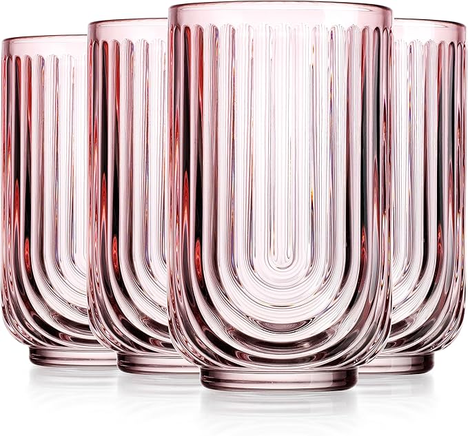 Glaver's Vintage Glassware Art Deco Glasses Ribbed Drinking Glasses U-Shape Arch Design Colored Cocktail Kitchen Tumblers Everyday Dinner Decorative Party (Pink S/4 17oz)
