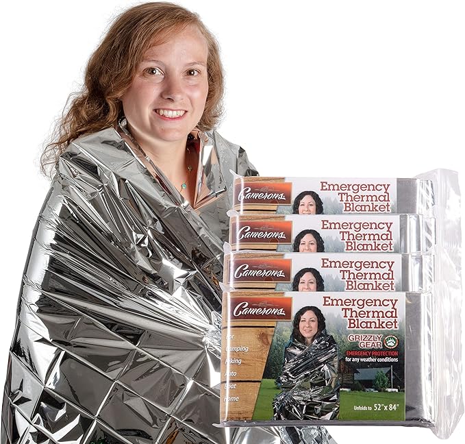 Grizzly Gear Emergency Mylar Thermal Blankets (4 Pack) Survival Kit Camping Blanket-Hiking Outdoors, Marathon Runs or First Aid Set-Bug Out Bag-Keep Heat Insulated