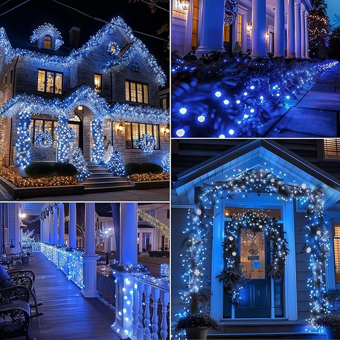 Brightown Battery Operated Christmas Lights 2 Pack 18 Feet 50 LED Clear Mini String Lights with 8 Modes Waterproof Tree Lights for Xmas Outdoor Indoor Holiday Party Garden Decor, Blue & White