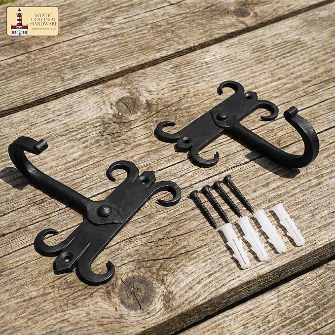 Mystic Colonial Rustic Cast Iron Wall Hooks, Heavy Duty Retro Utility Hooks for Hanging Coat, Bag, Towel, Robe, Hat and More, Mounting Hardware Included, Pack of 10