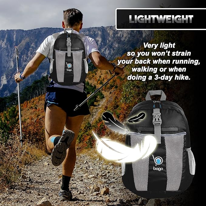 Bago Lightweight Small Hiking Backpack for Women and Men - 25L Travel Day Pack - Foldable Hiking Daypack Ultralight for Camping Outdoor Sports - Day Bag Packable Backpack for Travel (Black)