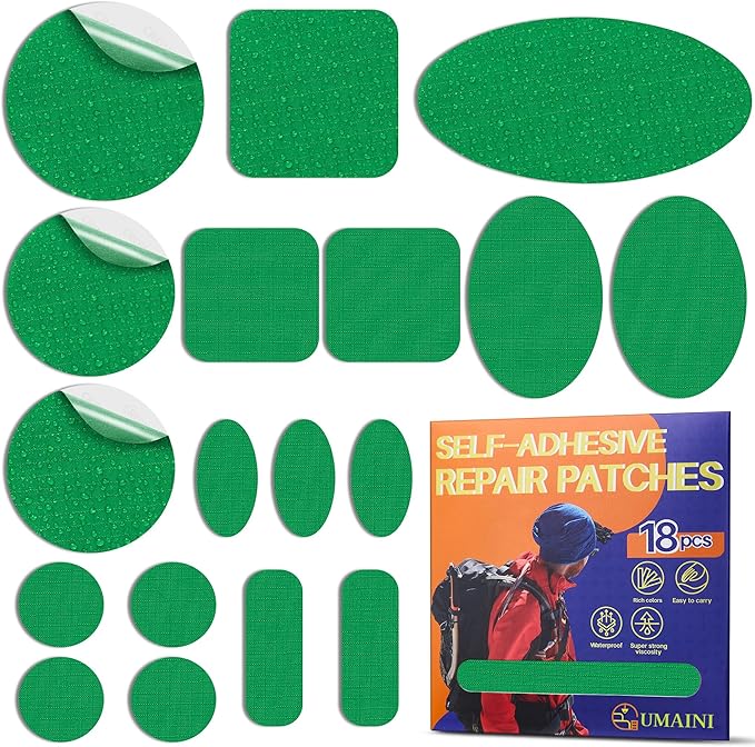 Down Jacket Repair Patch Kit, Outdoor Gear Tenacious Repair Tape, Self Adhesive Fabric Patches for Clothes, Waterproof Ripstop Nylon Fabric Patch for Puffer Jacket, Coat, Tent (18 Pcs, Dark Green)