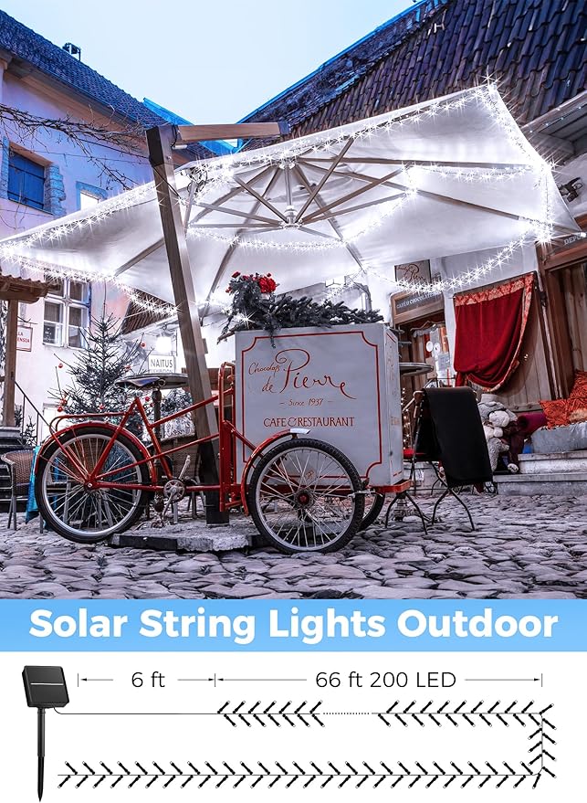 Minetom Solar String Lights Outdoor, Extra Long 72FT 200 LED Christmas String Lights with 8 Lighting Modes, Waterproof Solar Light Outdoor for Outside Tree Balcony Gazebo, Pure White