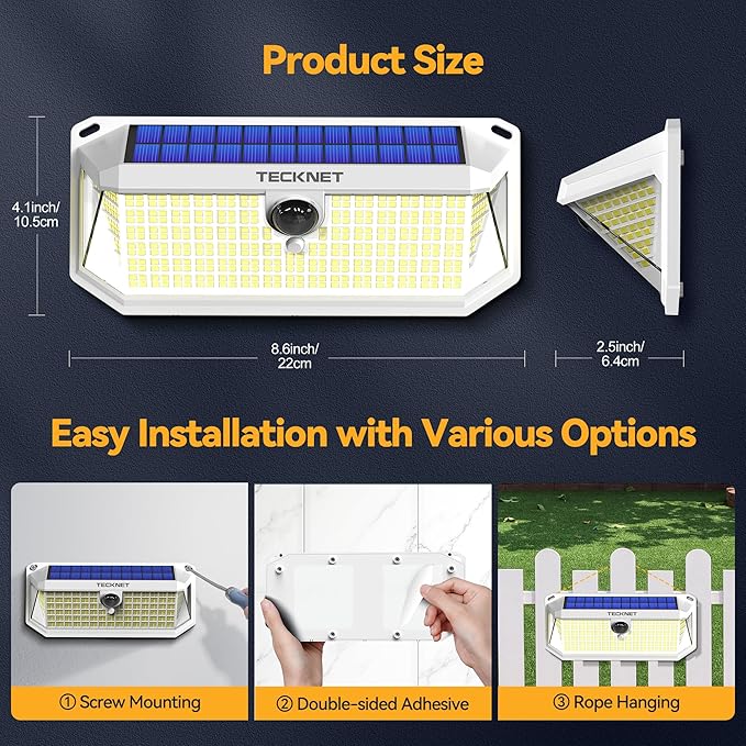 TECKNET 416 LED Solar Powered Outdoor Lights, 270° Angle & 3 Lighting Modes Motion Sensor Light Outdoor, Security Solar Lights Waterproof - 2 Pack, White, Cold Light