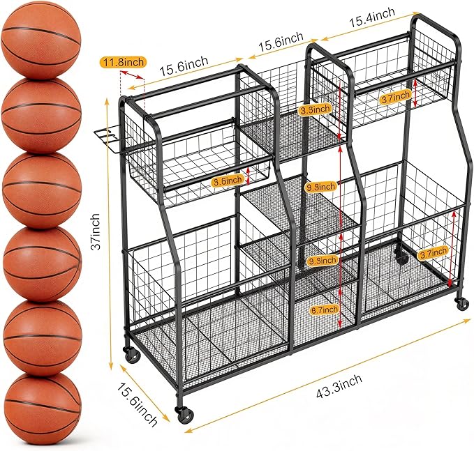 Garage Sports Equipment Organizer with Wheels - Ball Storage Rack with Elastic Rope or Wire Mesh,Garage Organizer System,Indoor/Outdoor Sports Rack for Sports Gear and Toys Storage,Black