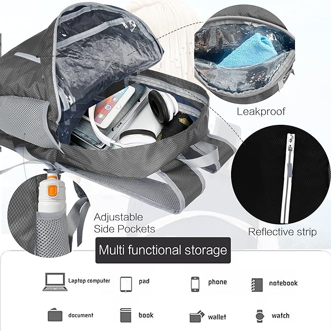 Waterproof Foldable Backpack Dry Storage Lightweight Daypack 35L Outdoor Backpack for Beach Men Women Grey