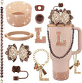 9PCS Brown for Stanley Cup Accessories Set Bling Initials Bow Charms for Stanley Decorations 30/40 Oz Tumbler Accessories Including Bow Straw Topper, Handle Strap, Spill Stopper（Letter L）