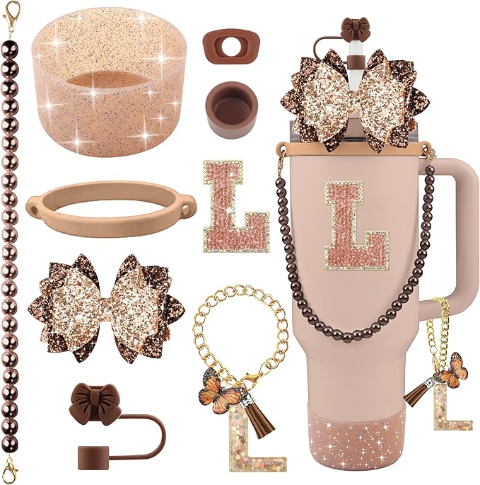 9PCS Brown for Stanley Cup Accessories Set Bling Initials Bow Charms for Stanley Decorations 30/40 Oz Tumbler Accessories Including Bow Straw Topper, Handle Strap, Spill Stopper（Letter L）