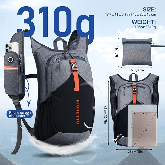 FIORETTO 15L Hiking Backpack for Women Men Mini Packable Backpack Lightweight Small Daypack for Camping Travel Outdoor, Grey and Black
