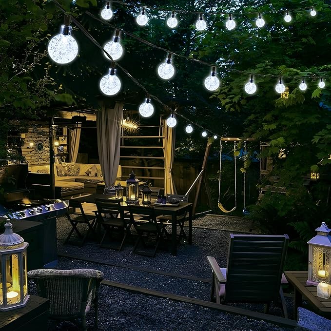 Joomer Solar Powered String Lights Waterproof, 39FT 60 LED Outdoor Solar String Lights Crystal Ball Light 8 Modes Globe Light for Garden, Gazebo, Porch, Lawn, Patio, Tree Decor (White)
