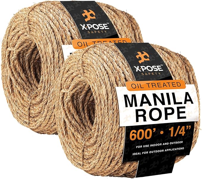 Manila Rope - 1/4 Inch 600' - 3 Strand Cordage Twisted Braided Rope - Thick Natural Fiber for Marine, Decorative for Crafts, Porch Column, Outdoor Pole Wrap, Tree Swing 2 Pack