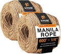 Manila Rope - 1/4 Inch 600' - 3 Strand Cordage Twisted Braided Rope - Thick Natural Fiber for Marine, Decorative for Crafts, Porch Column, Outdoor Pole Wrap, Tree Swing 2 Pack