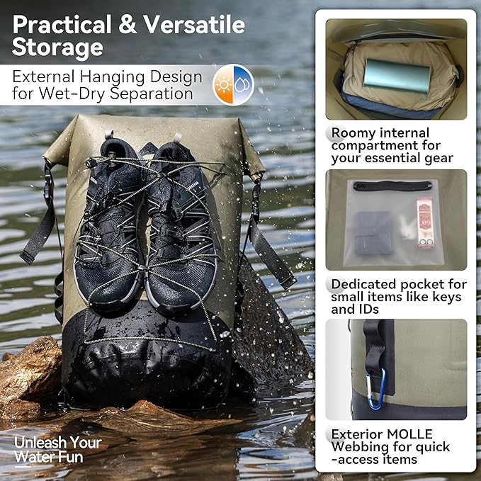 MARCHWAY Floating Roll Top Dry Bag, Flexible Lightweight TPU Waterproof Backpack 20L/30L/40L with Padded Straps for Boating, Kayaking, Swimming, Hiking, Beach (Green, 40L)