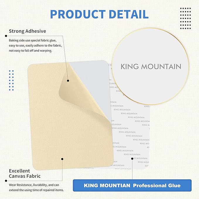 KING MOUNTAIN Canvas Repair Patch 5×8 Inch 8 Pcs Self-Adhesive Waterproof Fabric Patch for Sofas, Tents, Furniture,Tote Bags, Car Seats (Khaki)