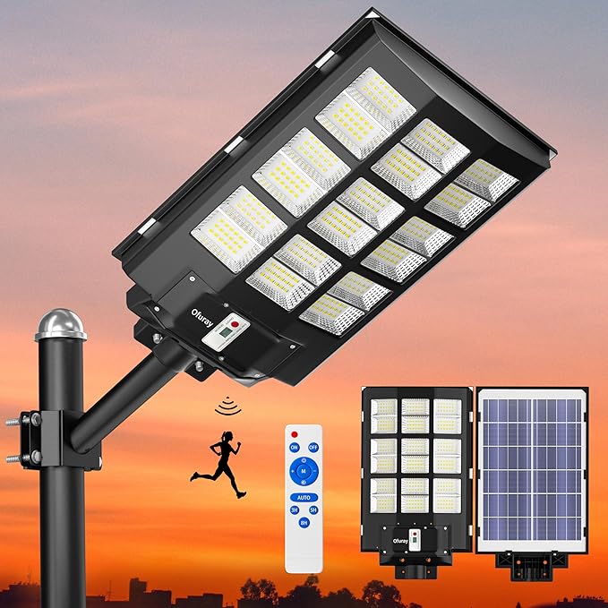 Ofuray Solar Street Lights Outdoor,Solar Security Flood Lights Parking Lot Lights Commercial Dusk to Dawn, 6500k Waterproof Led with Remote Control Motion for Street,Court,Barn (Of-3600W 218000Lm)