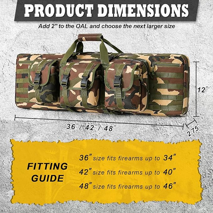 DULCE DOM 36 42 48 Inch Double Rifle Case, Tactical Soft Padded Backpack for Hunting & Shooting Range, Heavy-Duty Storage Gun Bag for 2 Rifles & Pistols with Lockable Zippers & MOLLE System