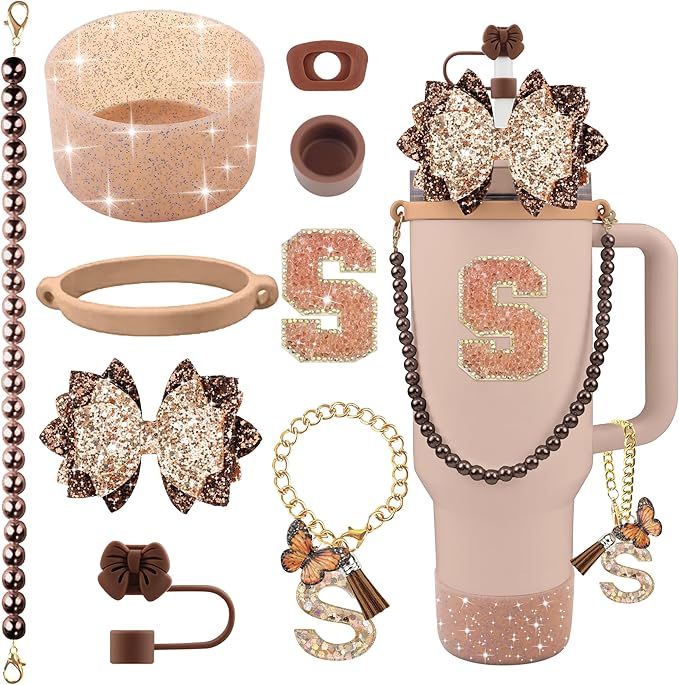 9PCS Brown for Stanley Cup Accessories Set Bling Initials Bow Charms for Stanley Decorations 30/40 Oz Tumbler Accessories Including Bow Straw Topper, Handle Strap, Spill Stopper（Letter S）