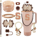 9PCS Brown for Stanley Cup Accessories Set Bling Initials Bow Charms for Stanley Decorations 30/40 Oz Tumbler Accessories Including Bow Straw Topper, Handle Strap, Spill Stopper（Letter S）