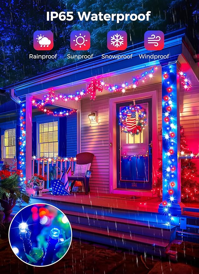 Minetom Red White Blue Lights, 2Pack Total 200 LED 80FT 4th of July Patriotic Lights 8 Modes, Waterproof Solar String Lights Outdoor,Solar String Lights for Outside Independence Day Memorial Day Decor