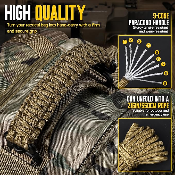 Tactical Paracord Handle，9-core Weaving Paracord Strap for Bag Strap Replacement，Molle Attachment with Metal/Plastic Clips for Backpack Sling Bags Water Bottle Holder