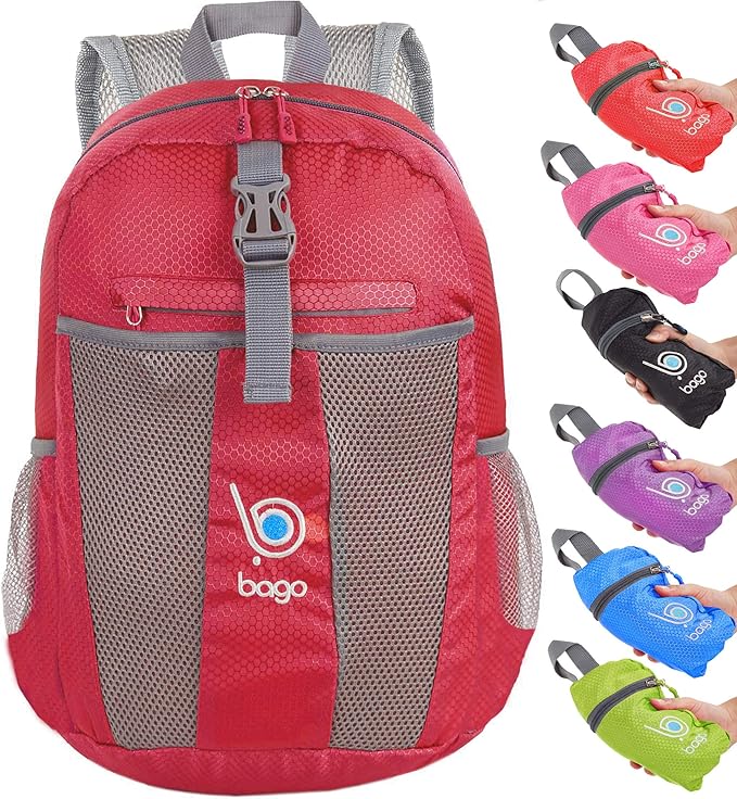Bago Lightweight Small Hiking Backpack for Women and Men - 25L Travel Day Pack - Foldable Hiking Daypack Ultralight for Camping Outdoor Sports - Day Bag Packable Backpack for Travel (Red)