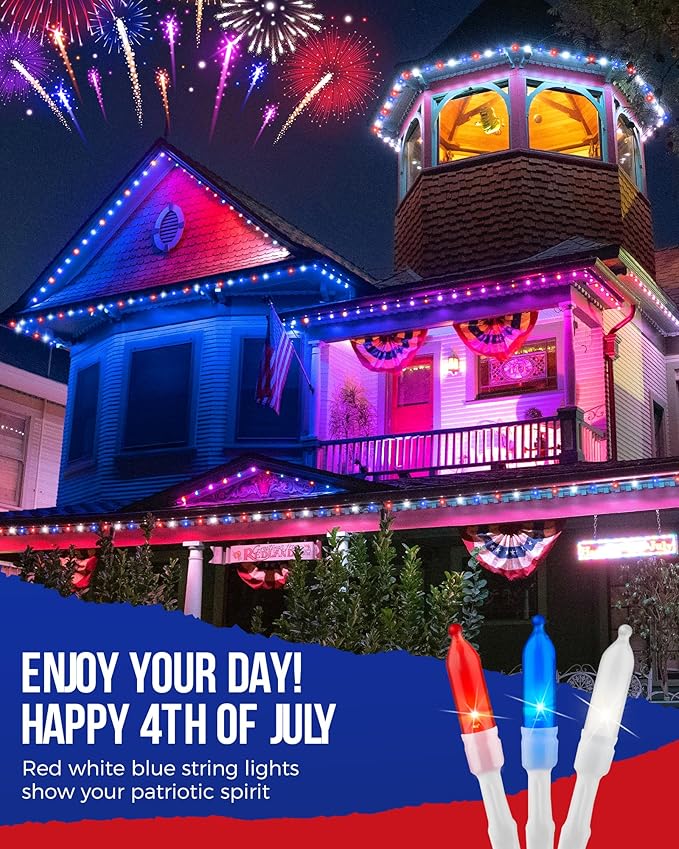 Brightown Red White Blue Battery Operated Mini String Lights with 8 Modes- 2 Pack 18 Feet 50 LED Independence Day Decoration Waterproof, Timer for Patriotic Xmas Holiday Party Outdoor Indoor
