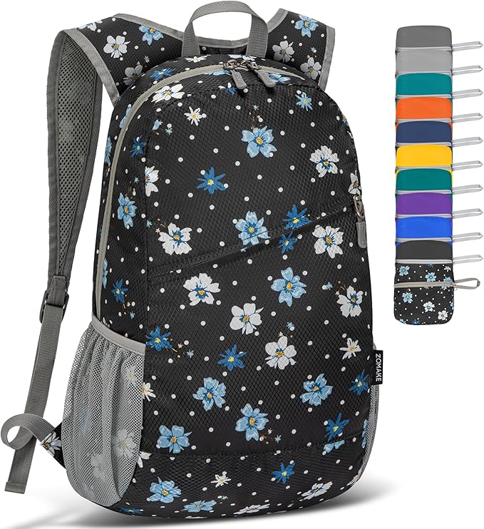 ZOMAKE Lightweight Packable Backpack,Foldable Backpacks Small Daypack for Hiking Water Resistant Day Bag for Travel(Black,Floral pattern)