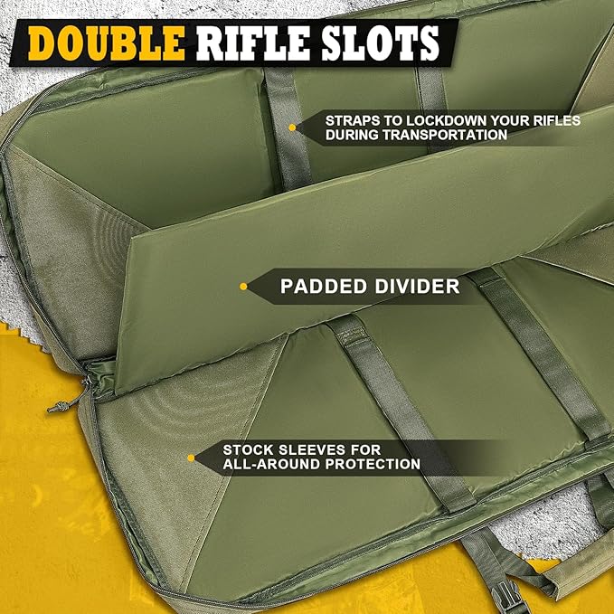 DULCE DOM 36 42 48 Inch Double Rifle Case, Tactical Soft Padded Backpack for Hunting & Shooting Range, Heavy-Duty Storage Gun Bag for 2 Rifles & Pistols with Lockable Zippers & MOLLE System