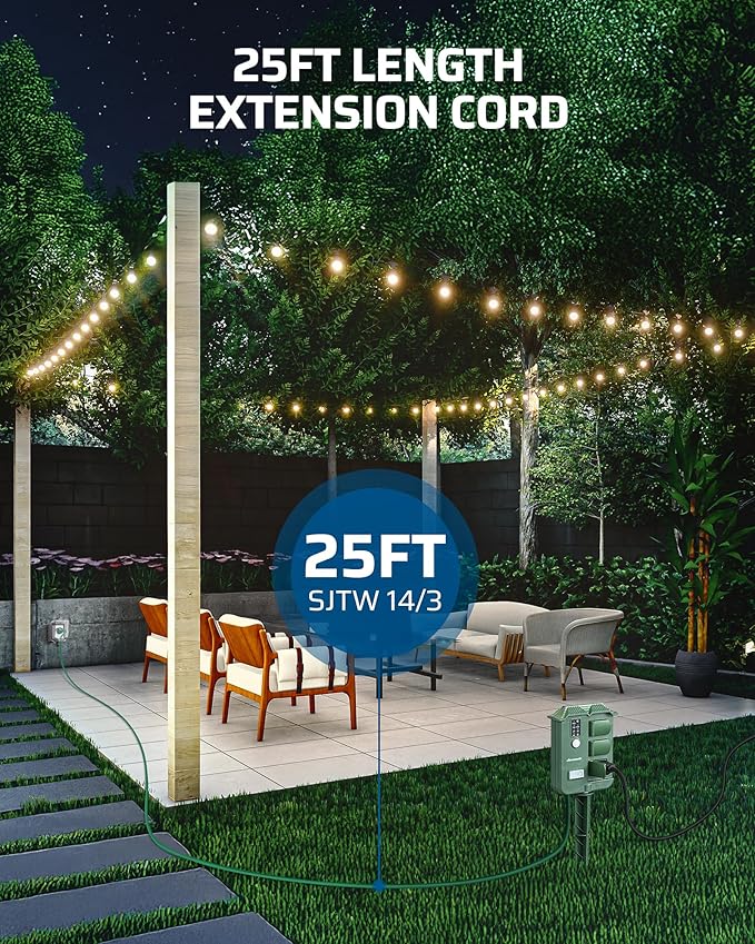 DEWENWILS Outdoor Power Stake Timer, Waterproof Outdoor Timer with 25FT Extension Cord, 100FT Range Remote Control, Photocell Dusk to Dawn Outlet for Lights, Yard, Garden, UL Listed