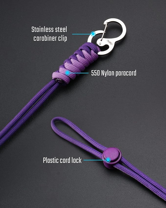 KeyUnity KC01 Braided Paracord Carabiner with Cord Lock, Keychain Phone Camera Bag Wrist Hand Strap for Daily & Outdoor