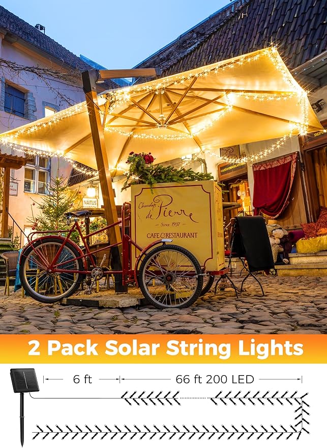 Solar String Lights Outdoor Waterproof, 2 Pack Total 144FT 400 LED Solar Powered String Light with 8 Lighting Modes, Waterproof Patio Lights, Christmas Outdoor Lights for Outside Tree, Warm White