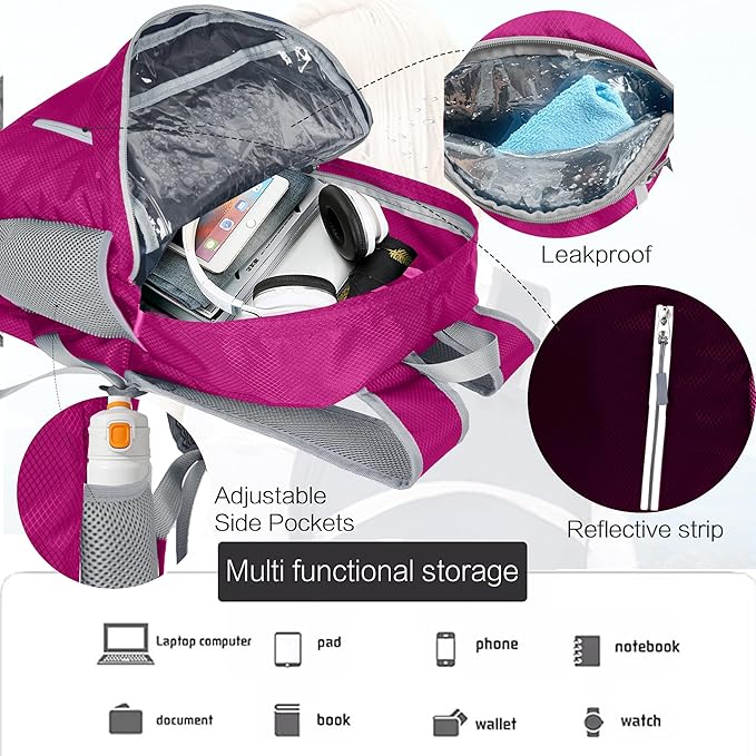 Waterproof Foldable Backpack Dry Storage Lightweight Daypack 35L Outdoor Backpack for Beach Men Women Dark Pink