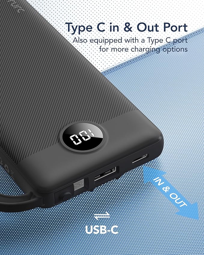 VRURC Portable Charger with Built in Cables, Slim Power Bank 10000mAh, USB C Travel Battery Pack, 5 Output 2 Input External Charging Bank for iPhone 17 16 15 14 13,Samsung,Android-Black(1 Pack)