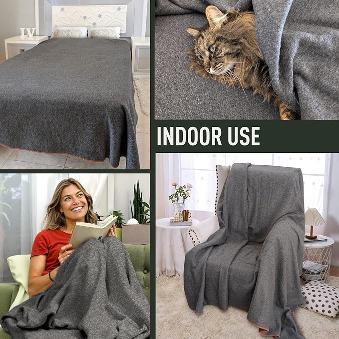 Large Military Wool Blanket - Warm & Thick Emergency Survival Blanket Great for Camping, Outdoors, Sports Events, Picnics, 4.5 lbs, 64" x 88" (Gray)
