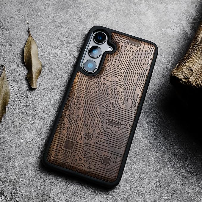 Carveit Wood Case for Galaxy S24 Plus Case [Natural Wood & Black Soft TPU] Shockproof Protective Cover Unique Wooden Design Compatible with S24 Plus (Motherboard-Walnut)